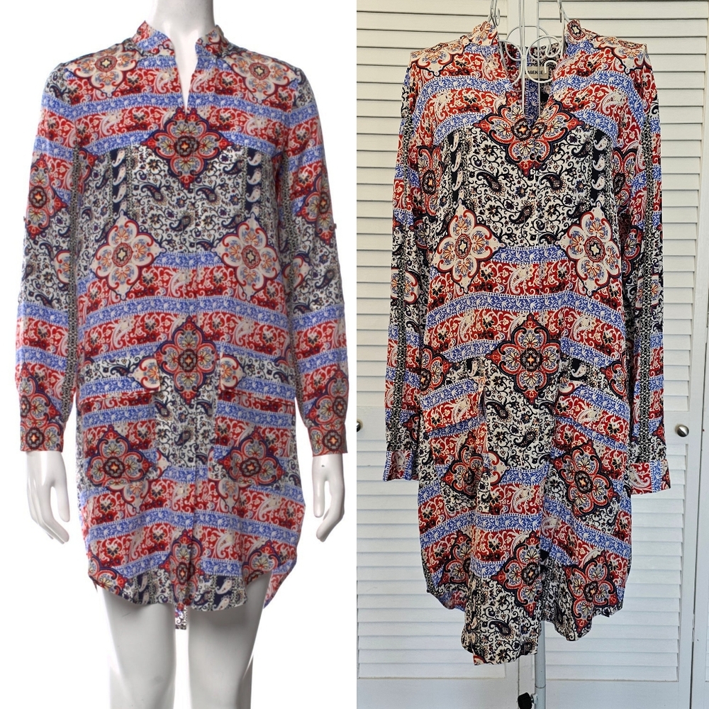 L'agence Red White Blue Floral Paisley Print Shirt Shift Dress Size M 100% Silk